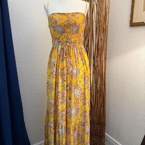Free People Mustard Yellow floral maxi boho jumper with adjustable straps
